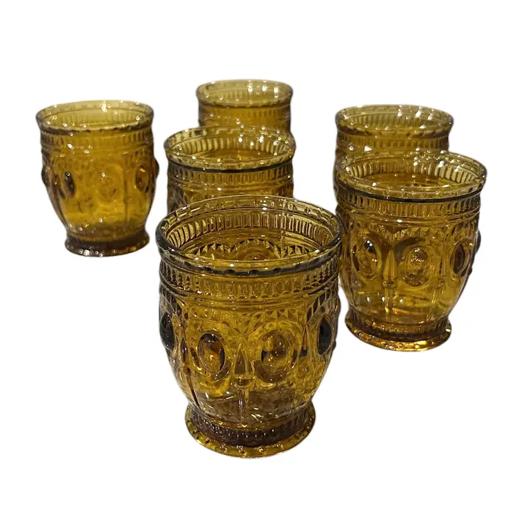 6 Retro Style Jewelry Barton Glass Amber Colored Drinking Glasses - 7 oz