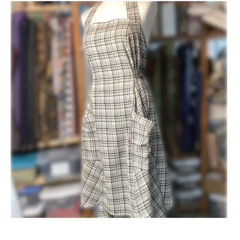 Linen Blend Beige And Black Plaid Apron