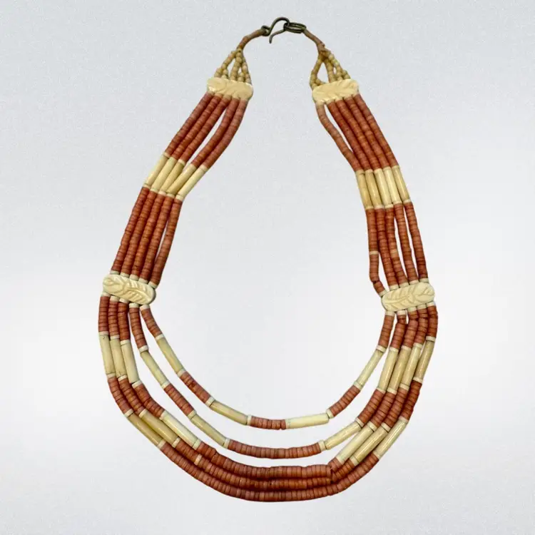 Vintage Handmade Bone & Coral Heishi Bead Necklace 19”