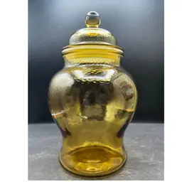 #487B Beautiful Large Vintage Indiana Glass AmberApothecary/Ginger Jar With Lid