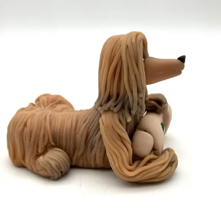 BIN - Vintage Cecile Baird Polymer Clay Afghan Hound Dog Spaghetti Hair Bone Signed 3” -some uV GLOW