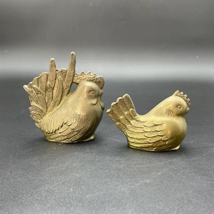 Solid Brass Rooster Hen Chickens Farm Animal Rare MCM Set of 2 Korean Figurines