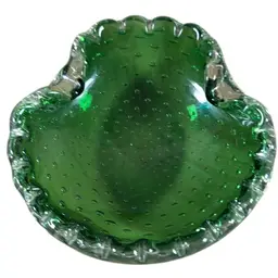027. Italian Art Glass Green Bullicante Ash Tray Catchall Dish 5”