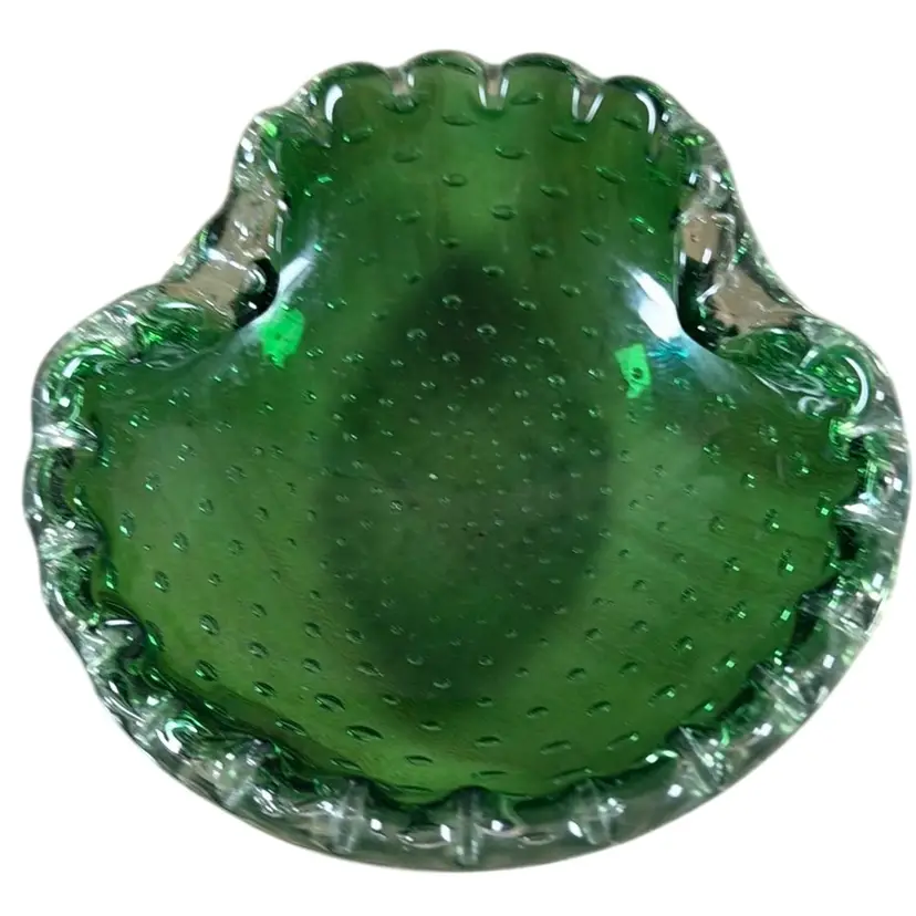 005. Italian Art Glass Green Bullicante Ash Tray Catchall Dish 5”