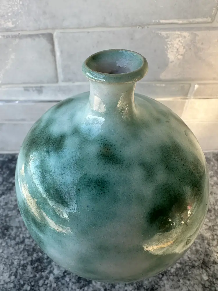 3" Turquoise Green Bulbous Ceramic Bud Vase MCM Handmade Studio Pottery Artist Signed Finland