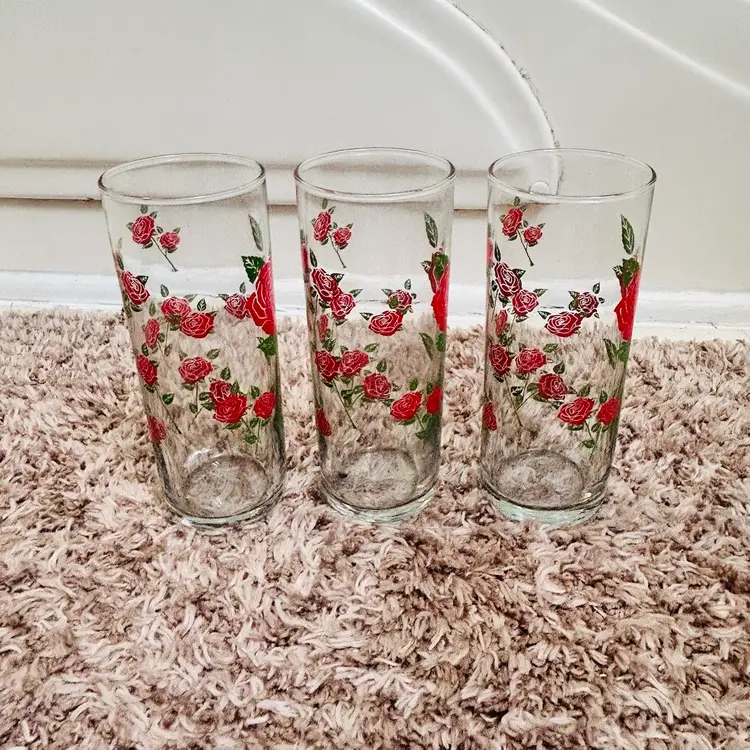 Vintage Anchor Hocking Red Rose 6.5 Inch Highball Iced Tea Glasses Set of 3