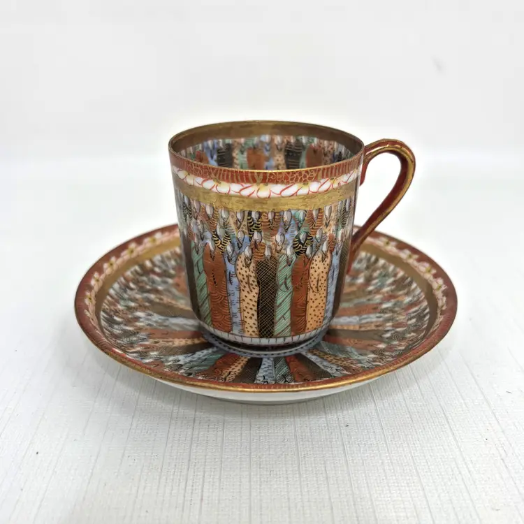 Thousand Faces Demitasse Cup Saucer Signed Made Japanese Antique Vintage