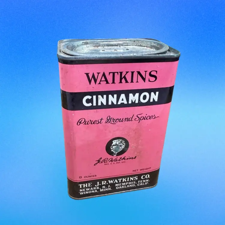 Vintage Watkins Cinnamon Tin, 8 Ounces, Pink, Empty