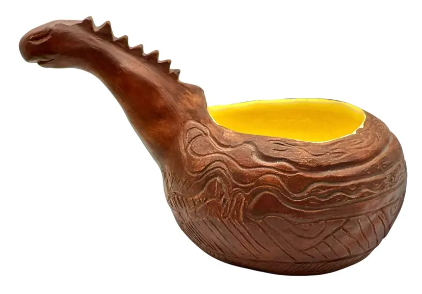 Signed Studio Art Pottery Planter Bowl Long Neck Dinosaur Brown Yellow 6 x 4.5”