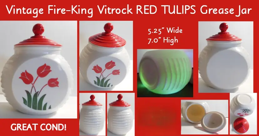 Vintage Fire-King Vitrock Red Tulips Grease Jar-GLOWS