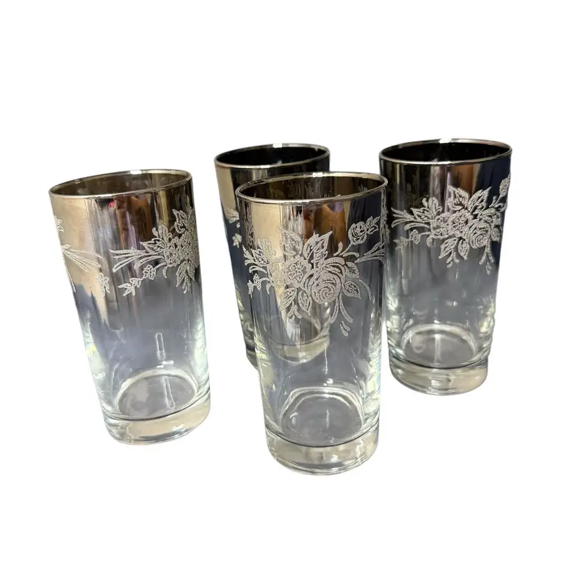 Vintage MCM Vitreon Queens Lusterware Ombré Fade Floral High Ball Glasses Set 4