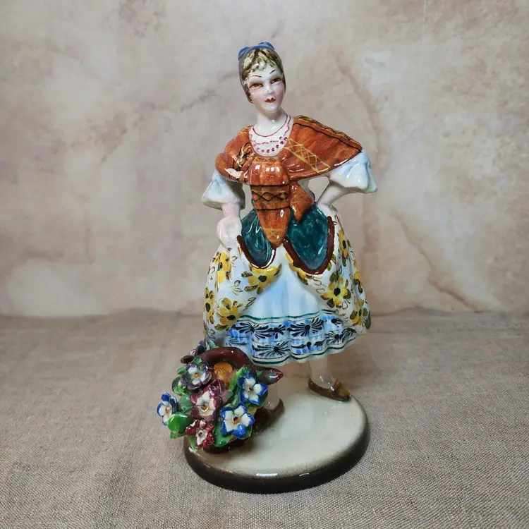 ZSZ Nove Italy Lady with Basket of Flowers Ceramic Figurine by Teodoro Sebelin