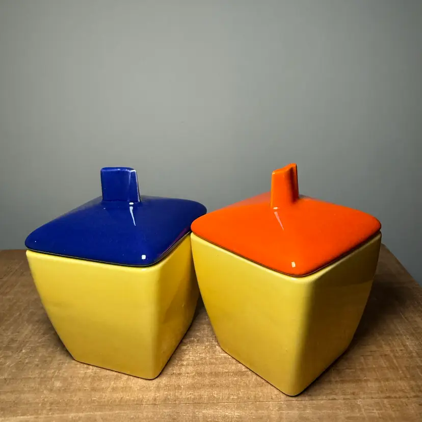 Franciscan Ware Toastmaster Square Yellow Canisters with Blue and Orange Lids, Set of 2
