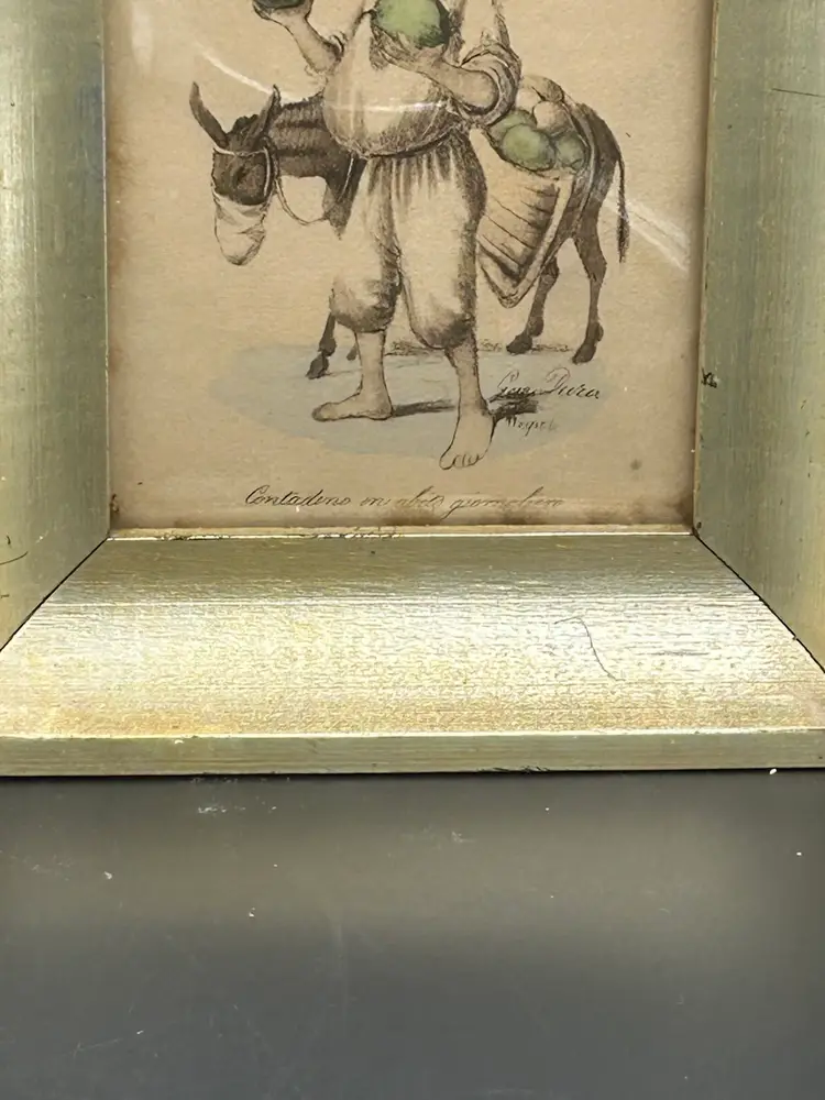 Vintage Framed Hand Colored Etching Man With Mule With Loaded Saddle Packs