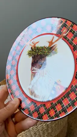 MacKenzie-Childs Reindeer Tartan Salad Plate – Holiday / Lodge Style