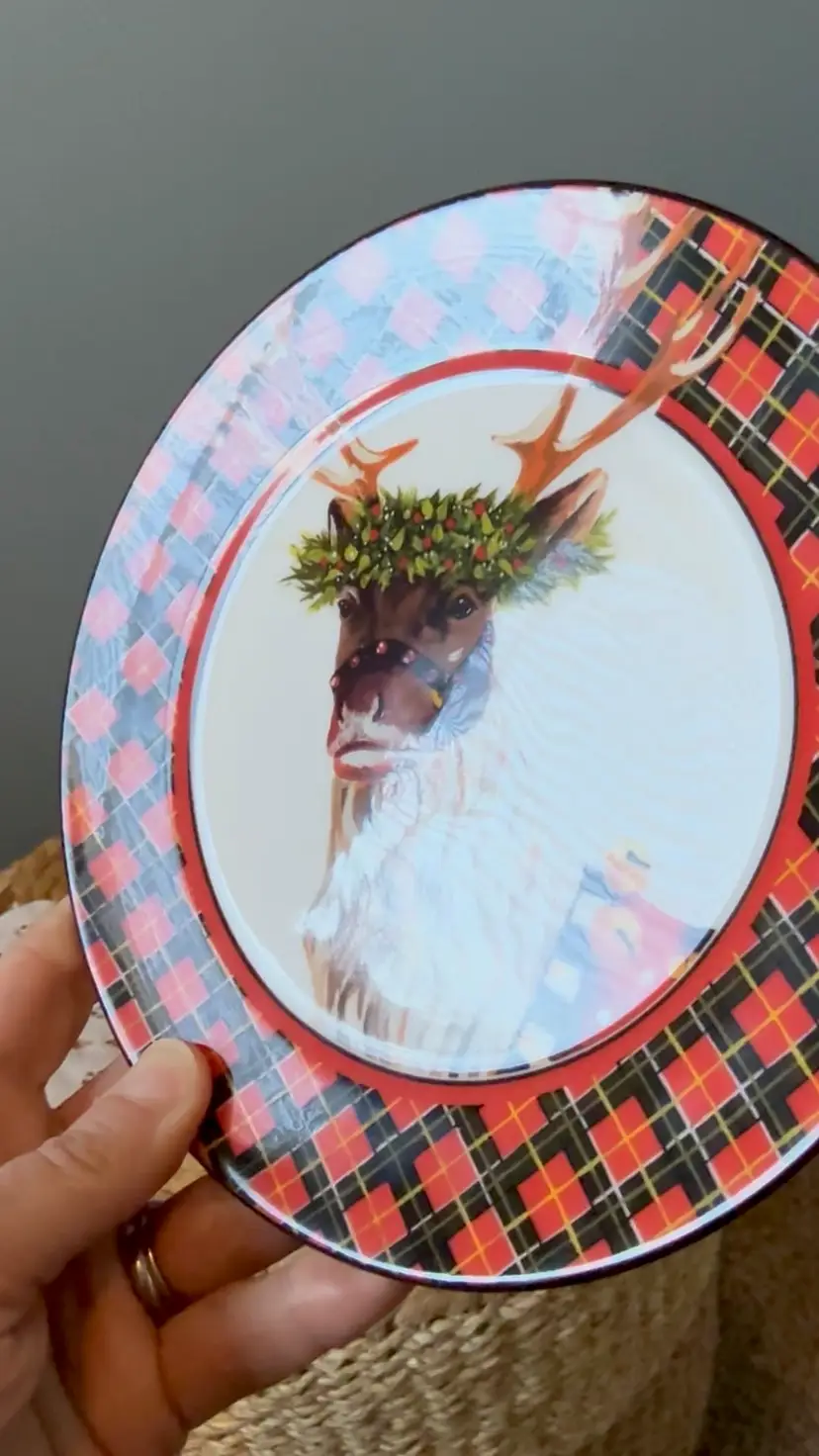 MacKenzie-Childs Reindeer Tartan Salad Plate – Holiday / Lodge Style