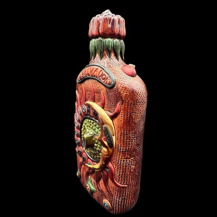 Vintage Crescent Moon Fiery Sun El Salvador Clay & Stone Display Bottle