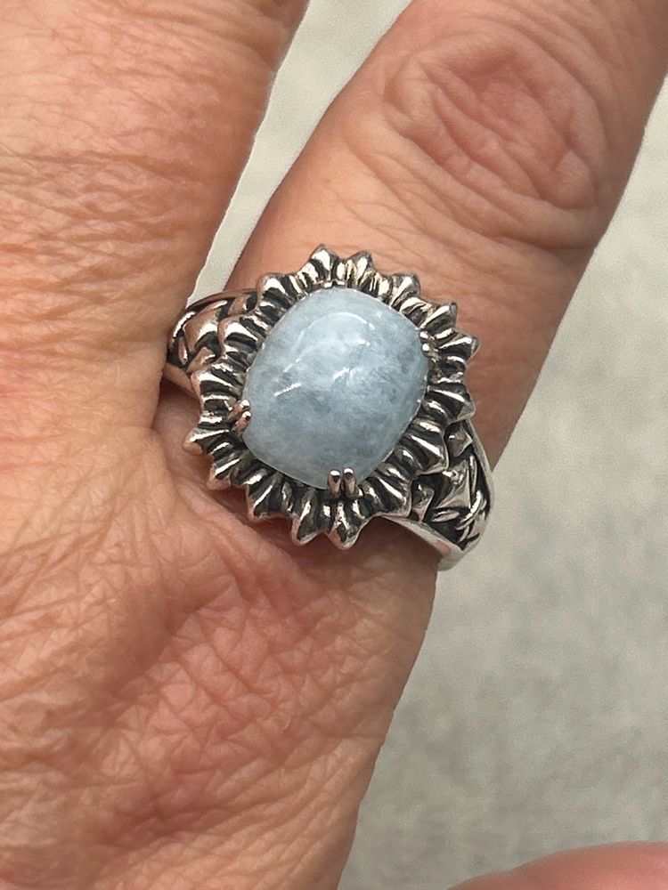 #01 Sterling Silver Aquamarine Cabochon Ring Size 11 | Floral Leaf Design | Marked 925