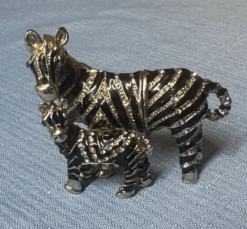 Zebra Mother & Baby Black and Silver Crystal Encrusted Zebra Trinket Box 2.75”