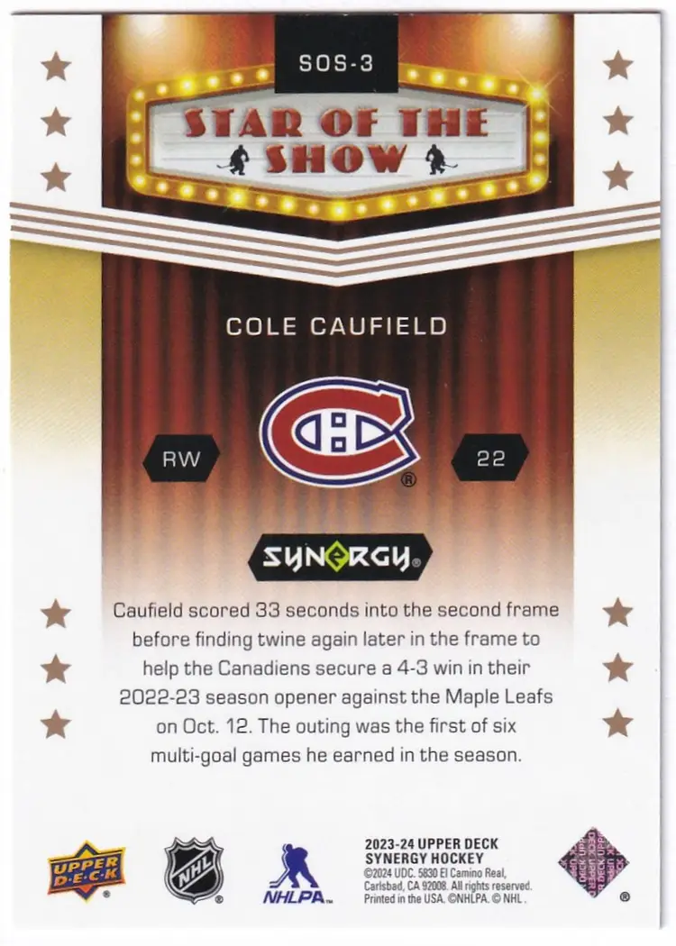 2023-24 Synergy Star Of The Show #SOS3 Cole Caufield Montreal Canadiens Hockey Card