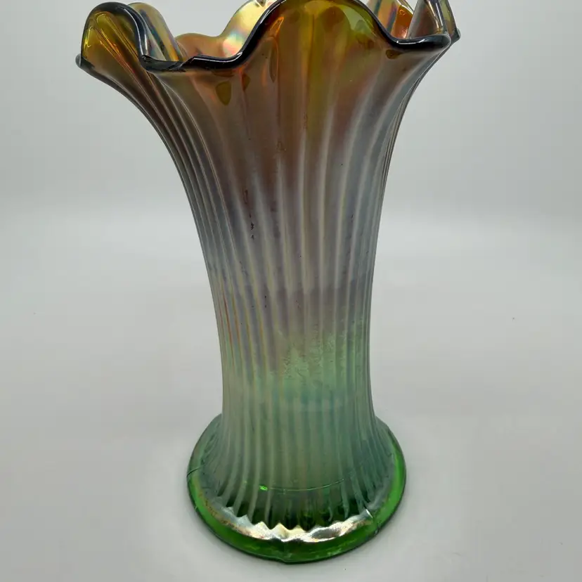 Vintage Northwood Vase Green& Marigold Carnival Stretch Swung Ribbed Art Glass