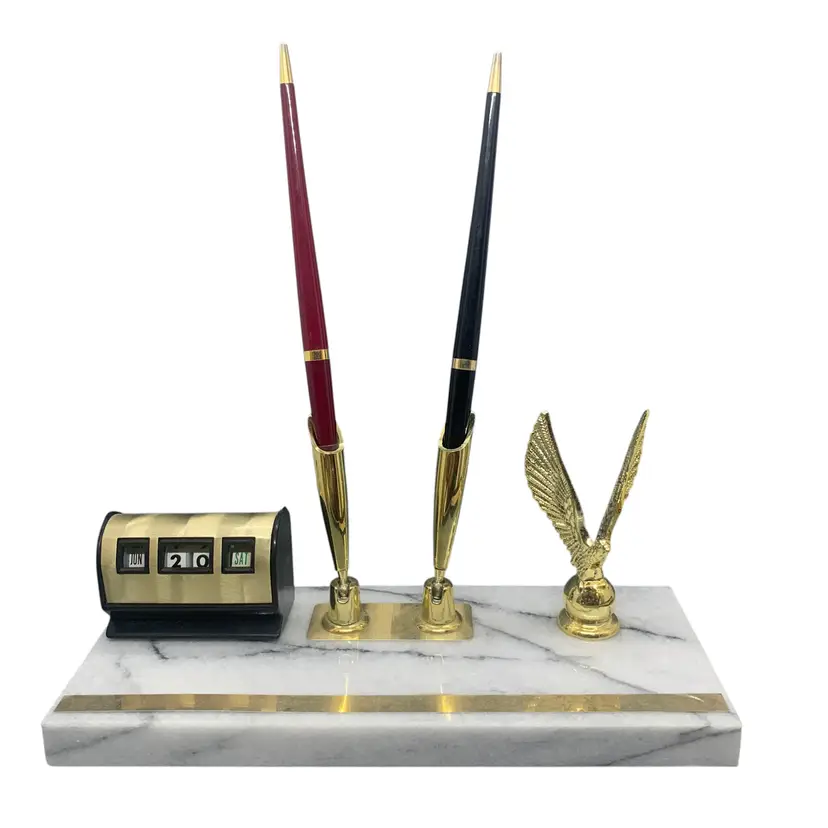 Vintage Kirch Marble Desk Set Perpetual Calendar Pen Holder Gold Eagle 1990s