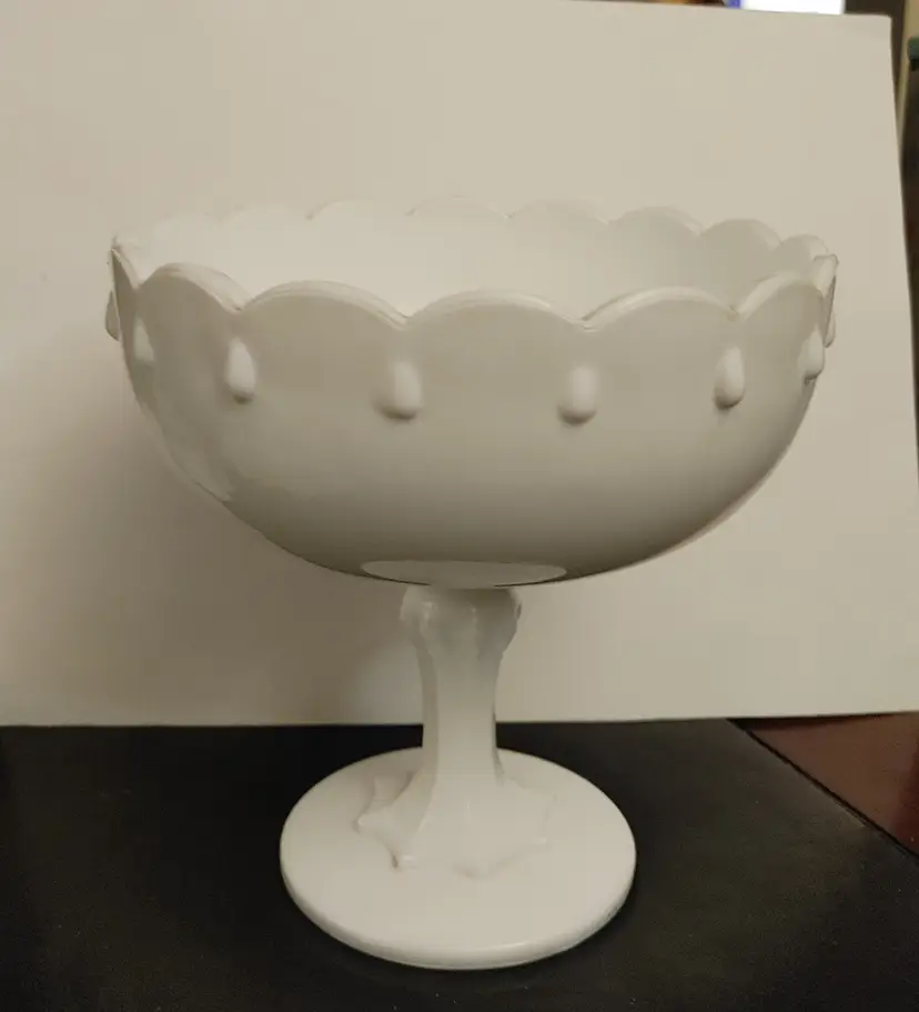 Indiana Glass Co. Milk glass pedestal compote. Teardrop pattern. 1950-80. 7.75h x 7.5w. No chips or cracks.