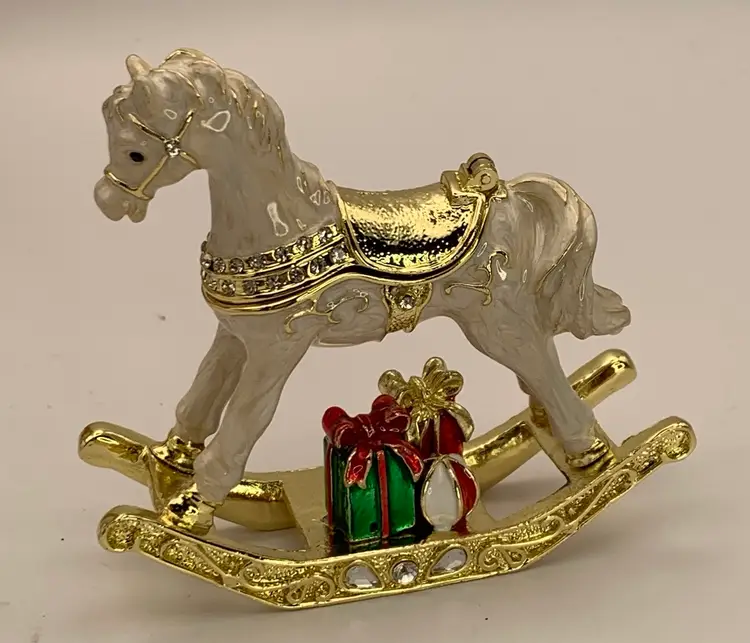 Jeweled Rocking Horse, Small Hinged Box trinket. Enamel metal hinged lid with magnetic closure. New in original box.