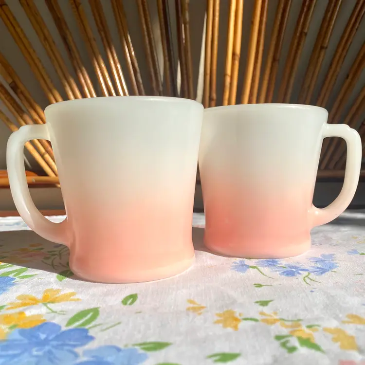 1960s Fire King 2pc Pink Ombre Mugs Milk Glass Anchor Hocking D Handle Vintage
