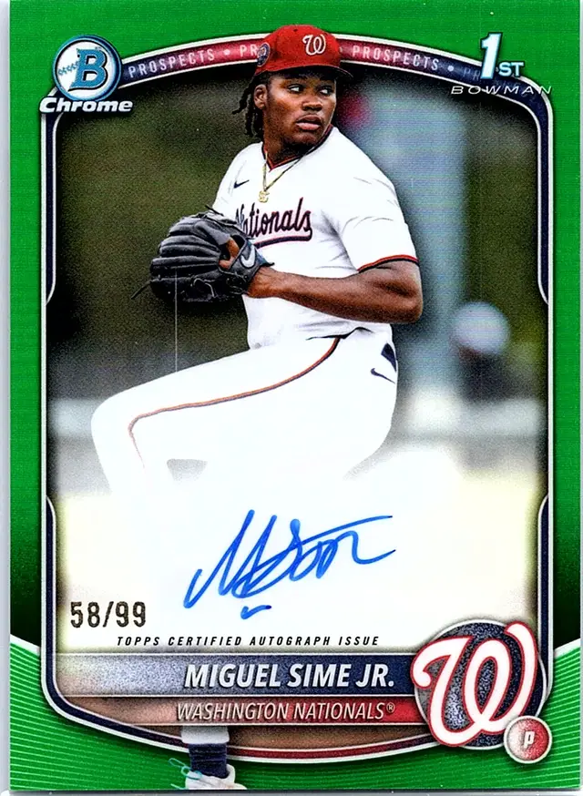 2025 Bowman Draft Miguel Sime Jr. #CPA-MS Chrome Prospect Auto Green Ref /99