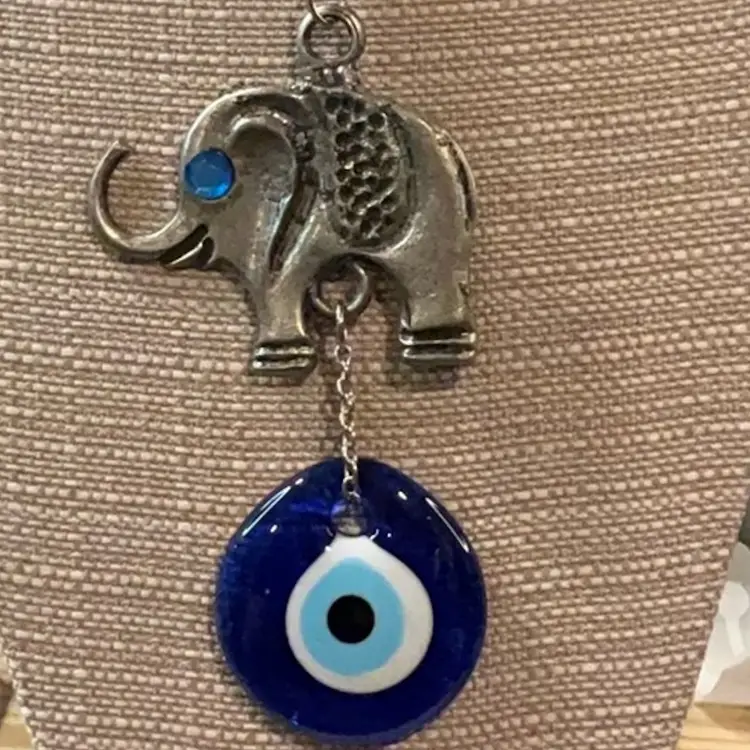 Hand Forged Elephant pendant with large Glass Nazier Bonkook  Watchful eye