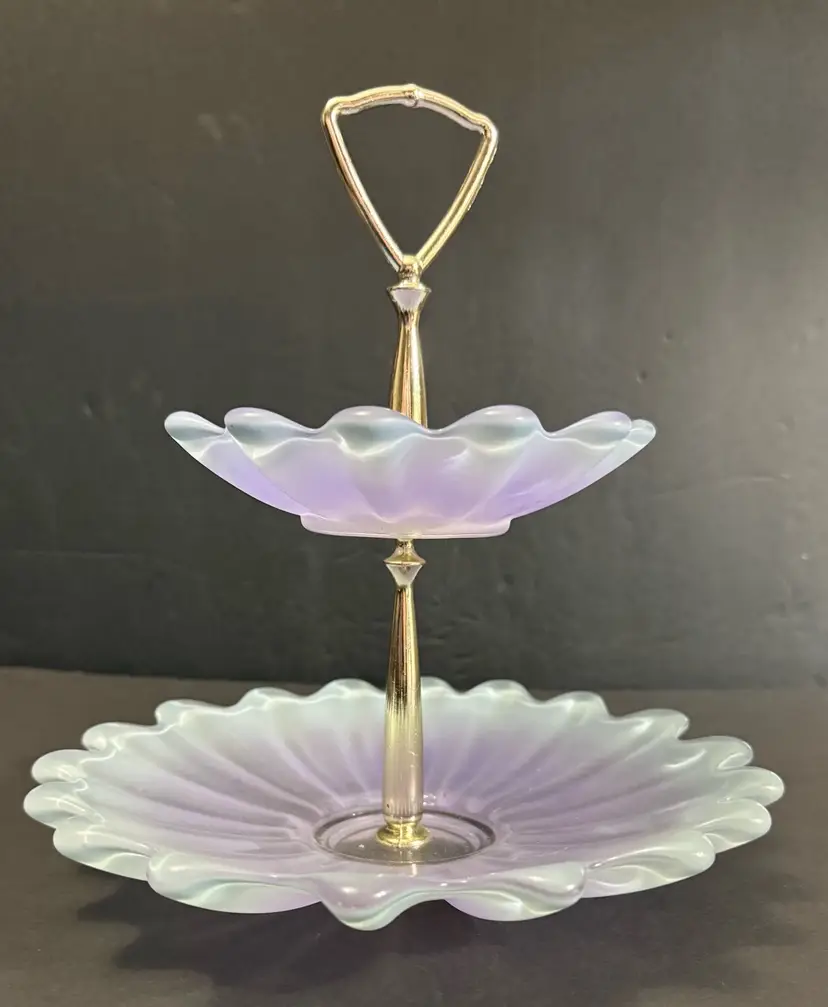 Vintage 2 Tier Scalloped Cake Cupcake Stand Tidbit Tray Satin Glass
