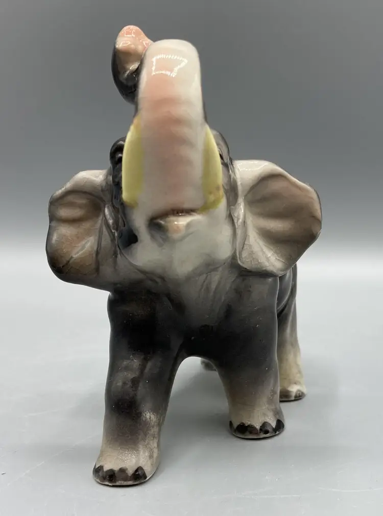Ceramic Elephant Figure - Trunk Up Standing Walking Gray Grey Japan - Vintage