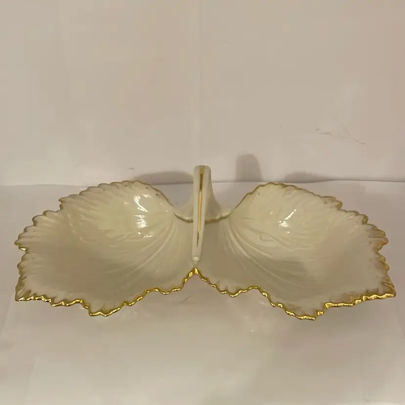 #470 VTG Lenox Double Leaf Candy But Dish With Handle
