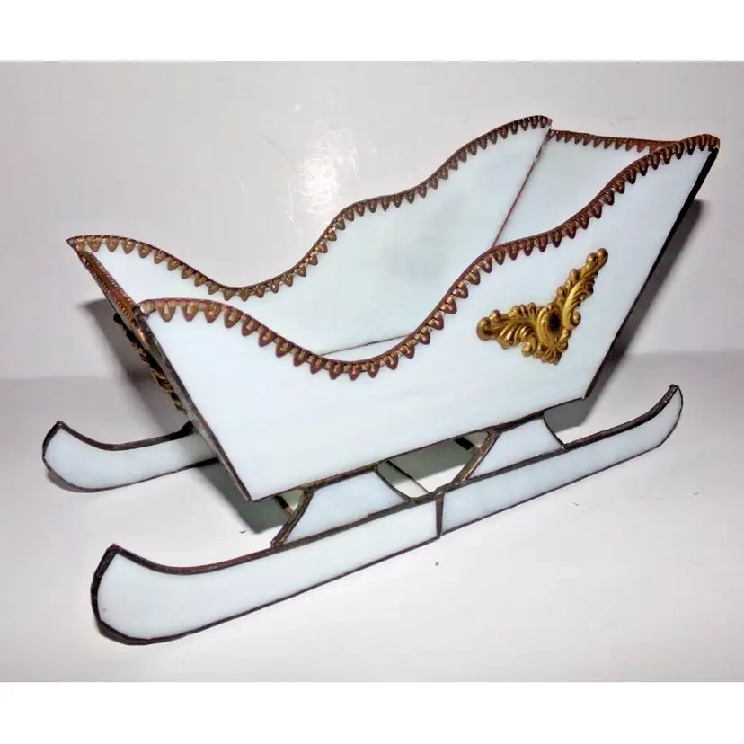 Vintage Stained Glass Sleigh Card Holder, Centerpiece, Handmade OOAK White/Gold