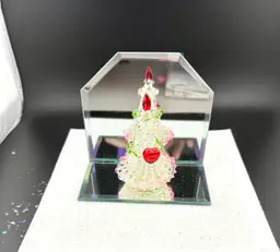 Vintage Spun Glass Handblown Decorative Christmas Tree With Mirrored Background And Base Tree Is 2.75”