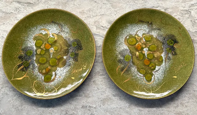 Pair of Vintage Enamel Over Copper Sascha Brastoff 6” Grape Plates