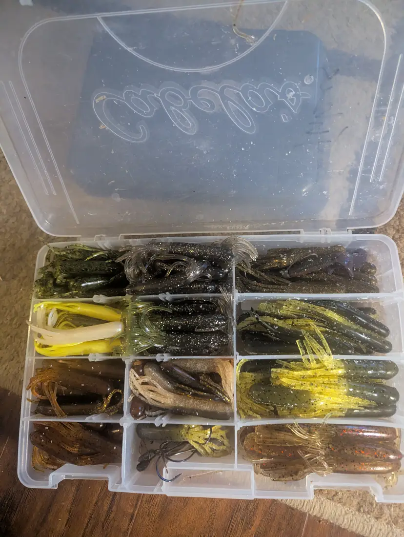 Cabela's 100+ Tube Baits Bass Fishing Lures Soft Plastic Dipped Tubes 3.5" in Plano Tackle box 12 compartments.