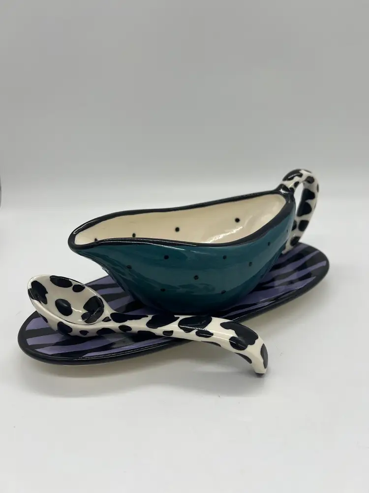 Vintage 1990’s Bynum Frideaux Gravy Boat Underplate Spoon Cow Zebra Print Polka Dot Whimsical Beetlejuice Mad Hatter Serving Piece 
