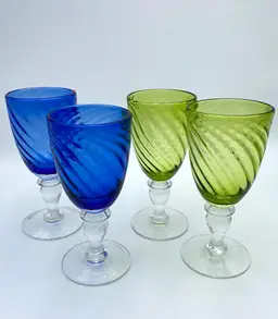 Set of 4, Cobalt Blue and Lime Green Swirl Optic Goblets, Clear Stems, Large