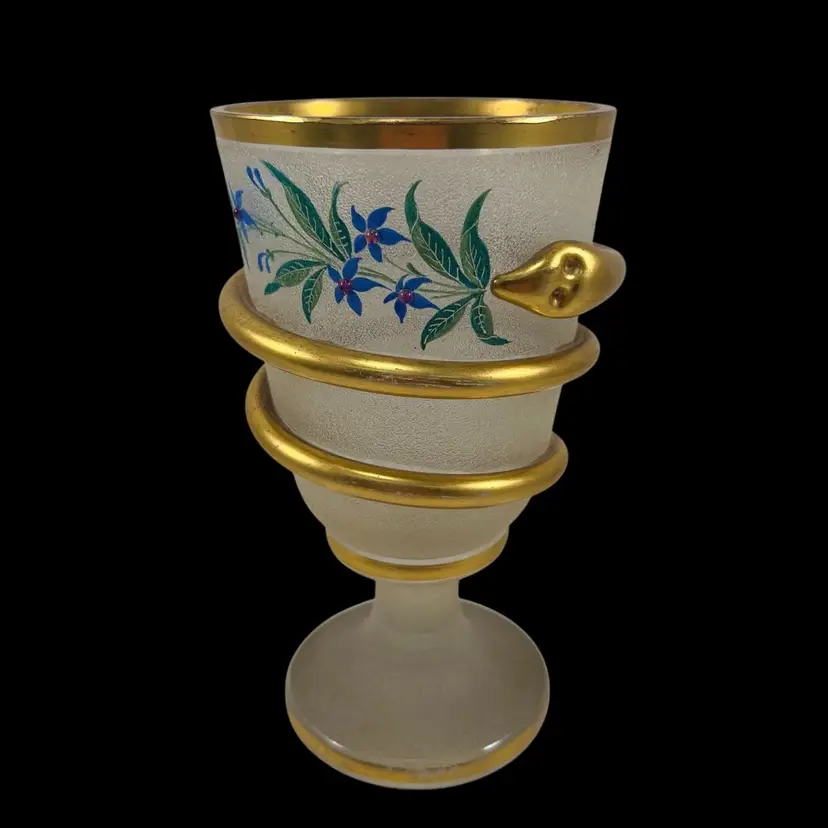 Unique Old Frosted Glass Goblet With Gold Glass Snake And Floral Motif