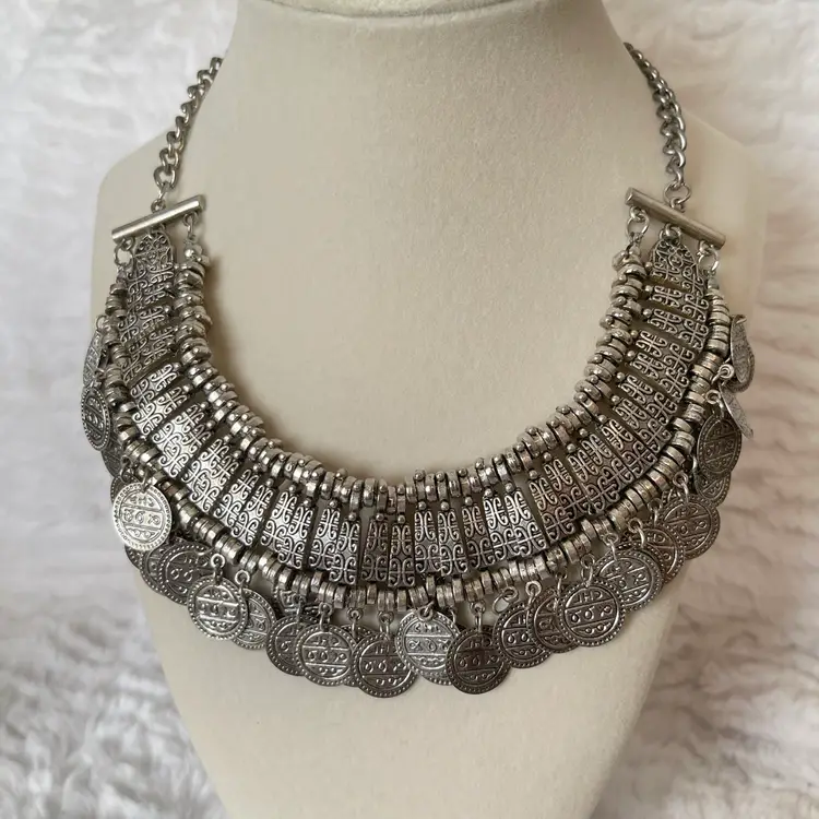 Silver Coin Fringe Statement Necklace Boho Festival Tribal Bib Gypsy Layered