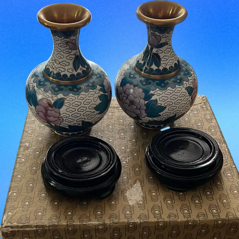 Vintage Pair of Chinese cloisonné vases with floral decoration. Bases And Original Box Included. Brass, 4” Tall Without Stand.