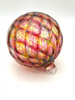 BIN - Beautiful Multicolor Blown Glass Holiday Ornament Orb Diamond Optics 3.5”