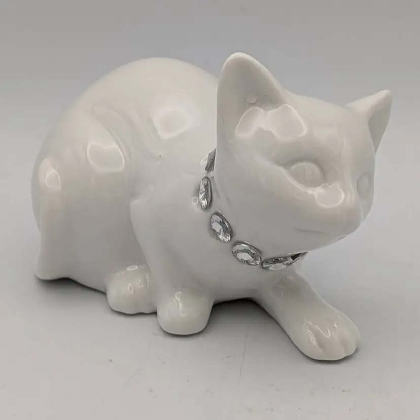 White Cat Figurine with Rhinestone Collar Necklace