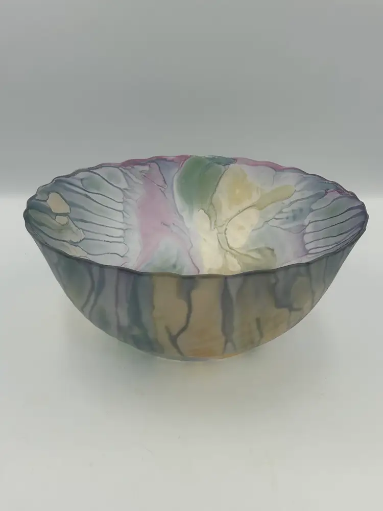 Nouveau Art Glass Bowl Hand Painted By Reuven Multicolor Swirl