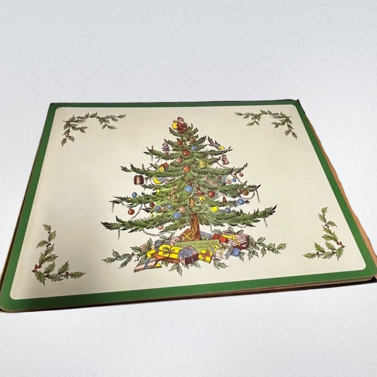 Spode Christmas Tree Design on 4 Pimpernel Placemats- With Original Box- 11.75x15.75”- Water Marks on One Mat As Pictured.