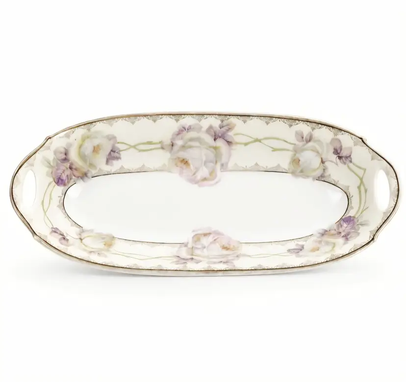 Antique Bavaria Hand Painted Celery Dish Oval Handled Lavender Rose Silver
