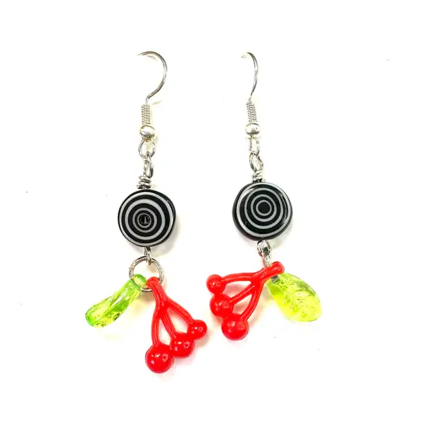 Vintage Cherry Leaf Charms Black White Swirl Circle Bead Handmade Dangle Earrings Silver Tone 2” L Made By Me