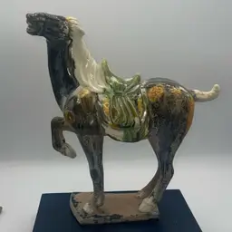 Chinese Imitation of Ancient Tang Three-color Green War Horse Porcelain Statue 11.5” X 10.5”